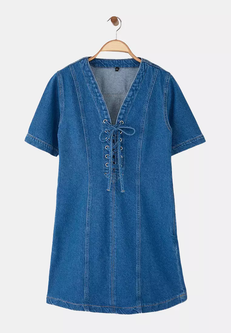59% OFF Blue Eyelet Lacing Detailed Mini Denim Dress