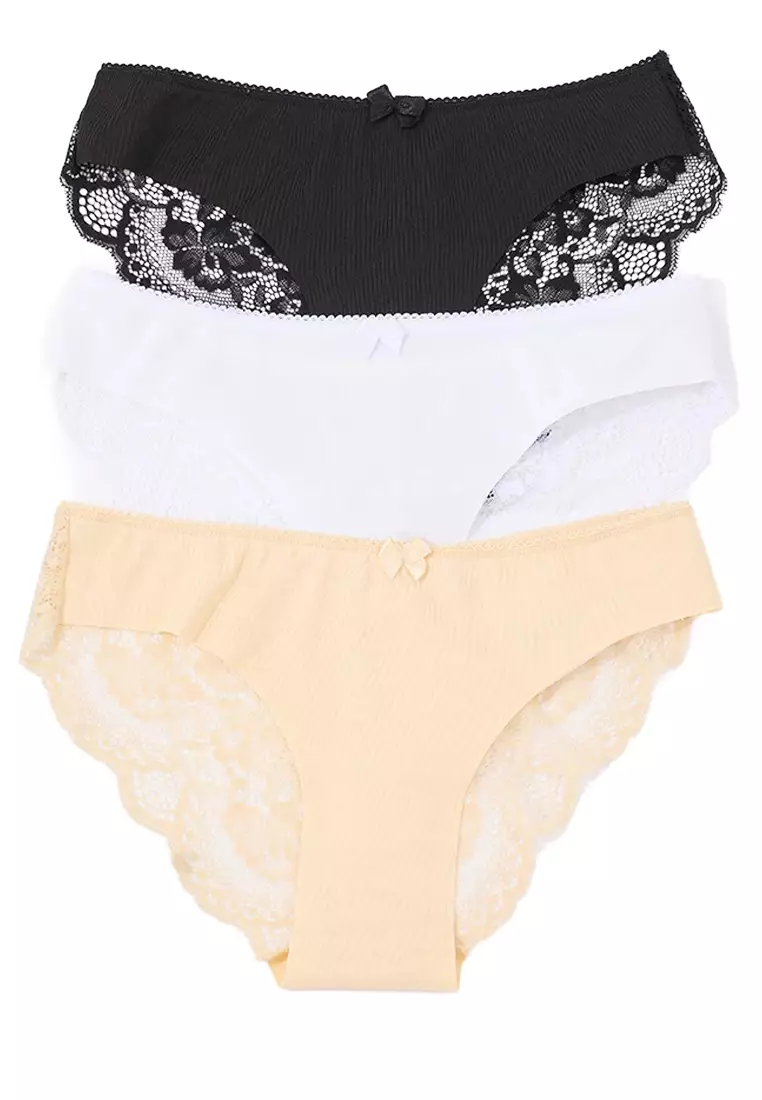 22% OFF Trendyol Black White Tan 3 Piece Micro Lace And Ribbon/Bow Detail Knitted Brazilian Panties