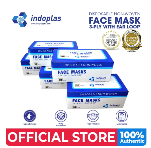 88% OFF Indoplas Disposable Face Mask 3-Ply with Earloop 5 boxes (250 pcs)