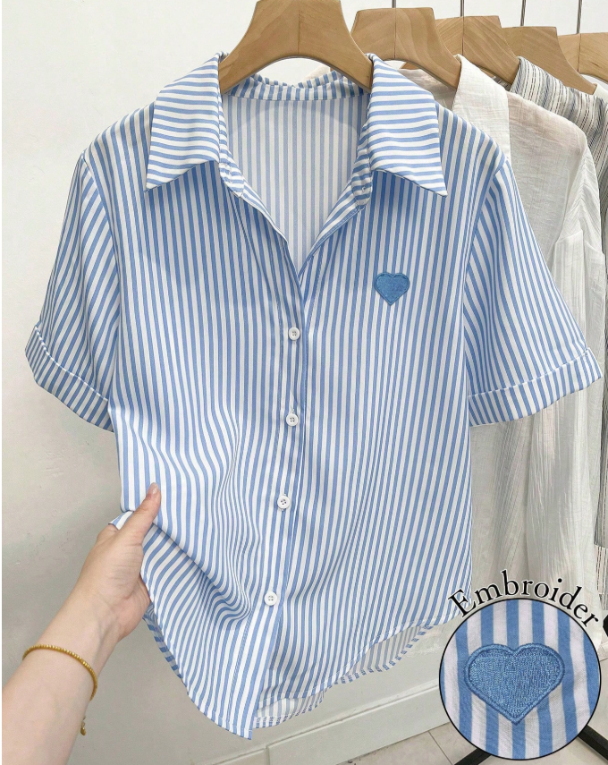 4% OFF Resyla Women's Striped Print Heart Embroidery Casual Short Sleeve Shirt