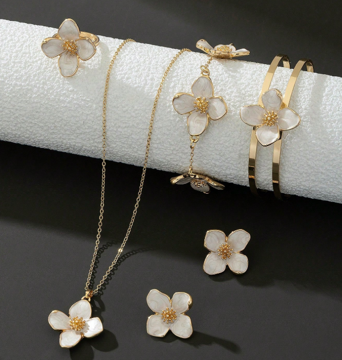 13% OFF 1 Set Women's Jewelry Including 1 Necklace With White Enamel Floral Pendant, 1 Pair Earrings, 1 Ring, 1 Bracelet, 1 Bangle (No Gift Box)