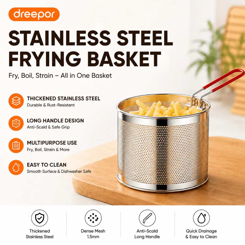 42% OFF Dreepor Stainless Steel Frying Basket Large Capacity Food Strainer Oil Drain Basket Removable Handle