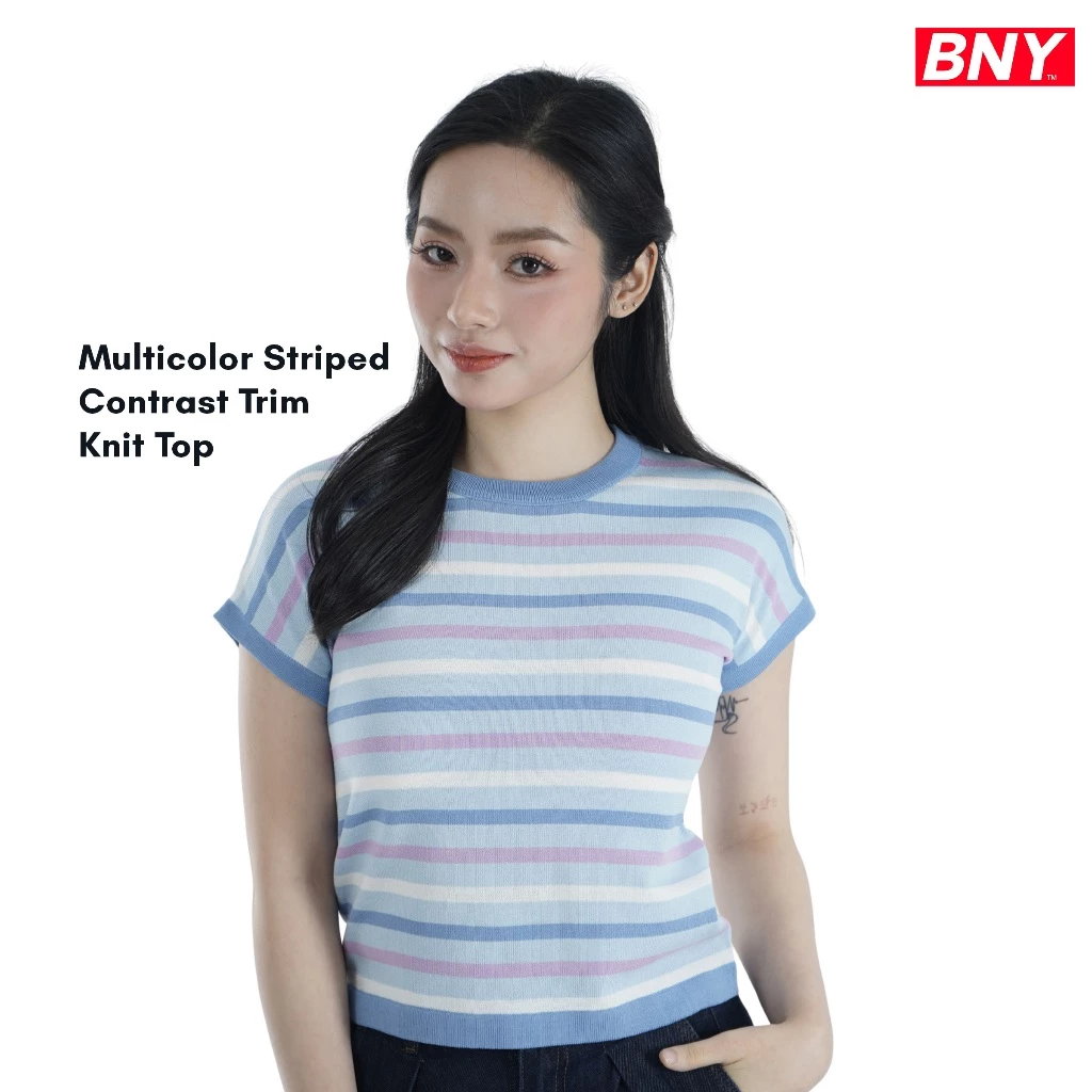 49% OFF BNY LADIES' MULTICOLOR STRIPED CONTRAST TRIM KNIT TOP (296)