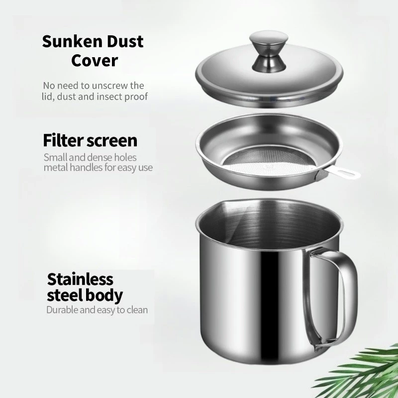 56% OFF 1.3L 304 Stainless Steel Oil Strainer Pot with Lid Filter Cooking Oil Container Bottle Dispenser