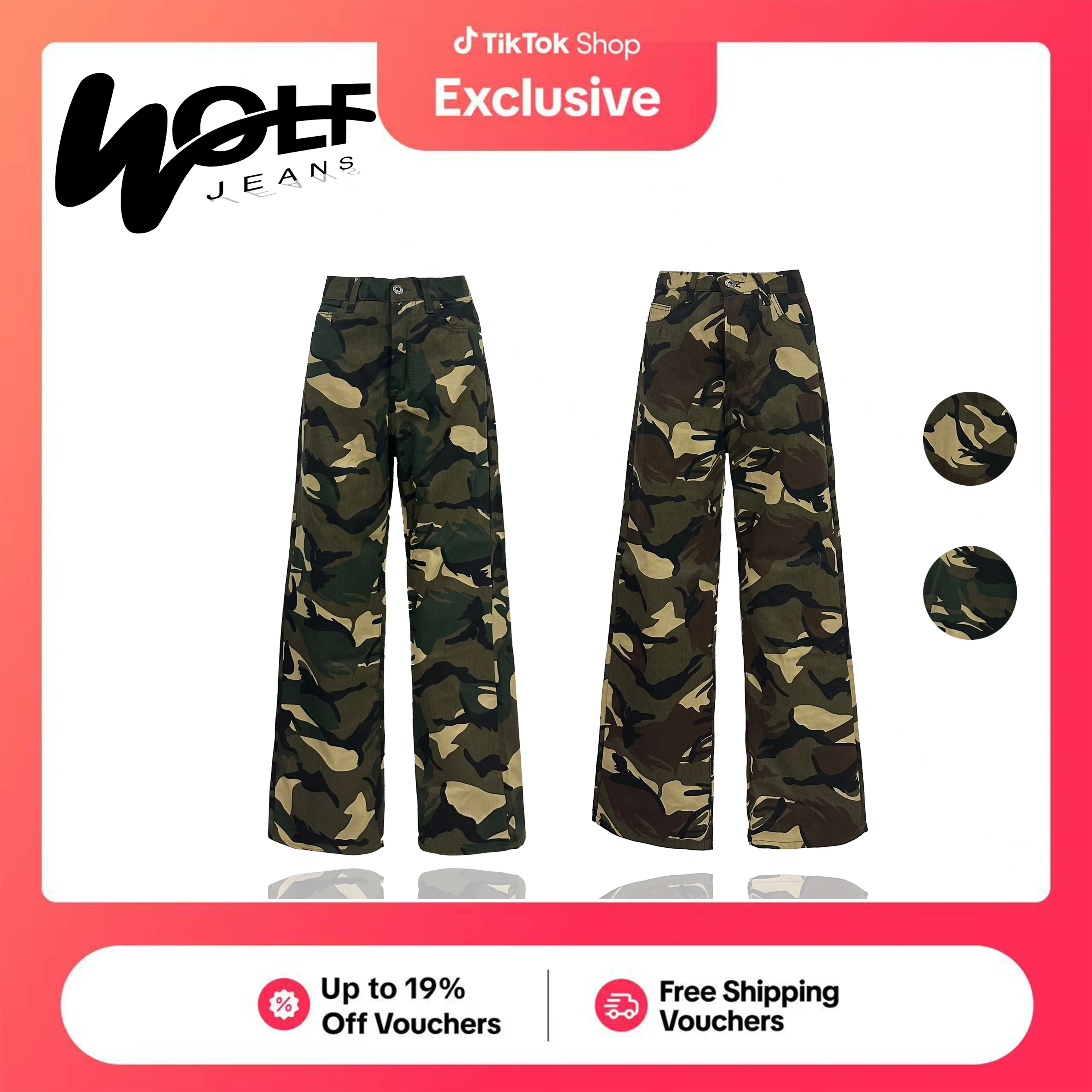 59% OFF WOLF European and American retro camouflage high street loose straight trendy brand versatile overalls for men and women high-waisted pants