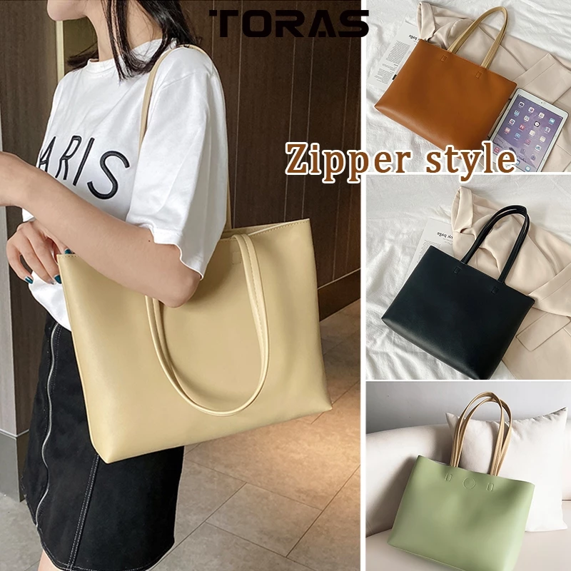 60% OFF Toras Zipper Shoulder Bags For Women Korean Leather Large Tote Bag With Capacity Woman Student