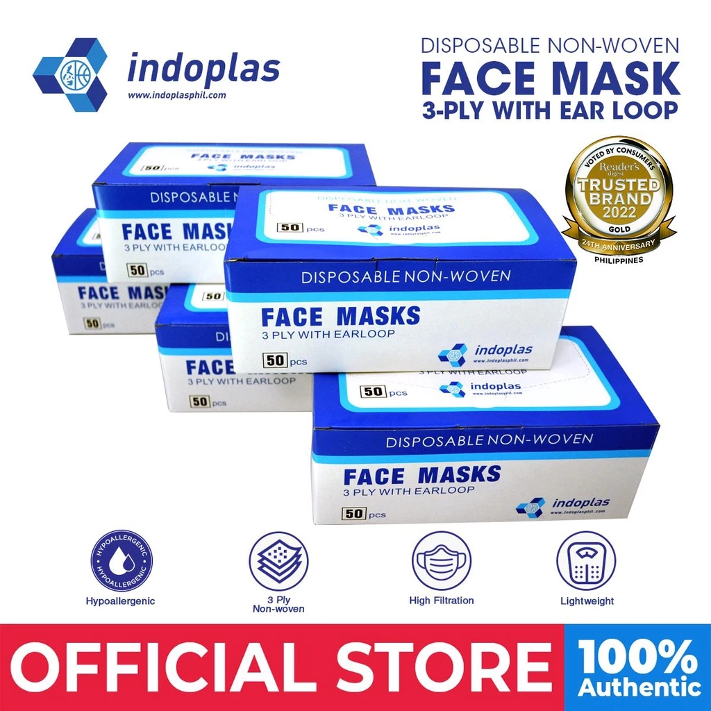 90% OFF Indoplas Disposable Face Mask 3-Ply with Earloop 5 boxes (250 pcs)