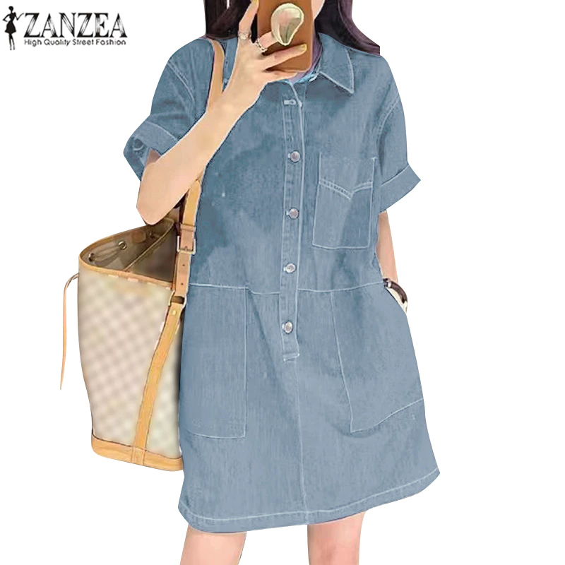 40% OFF ZANZEA Celmia Women Short Sleeve Denim Lapel Collar Pockets Casual A Line Dresses