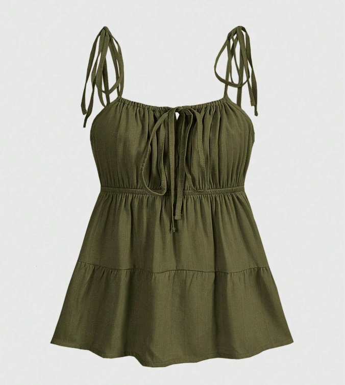 15% OFF ROMWE Kawaii Women's Summer Solid Color Front Tie Ruched Ruffle Hem Babydoll Cami Top
