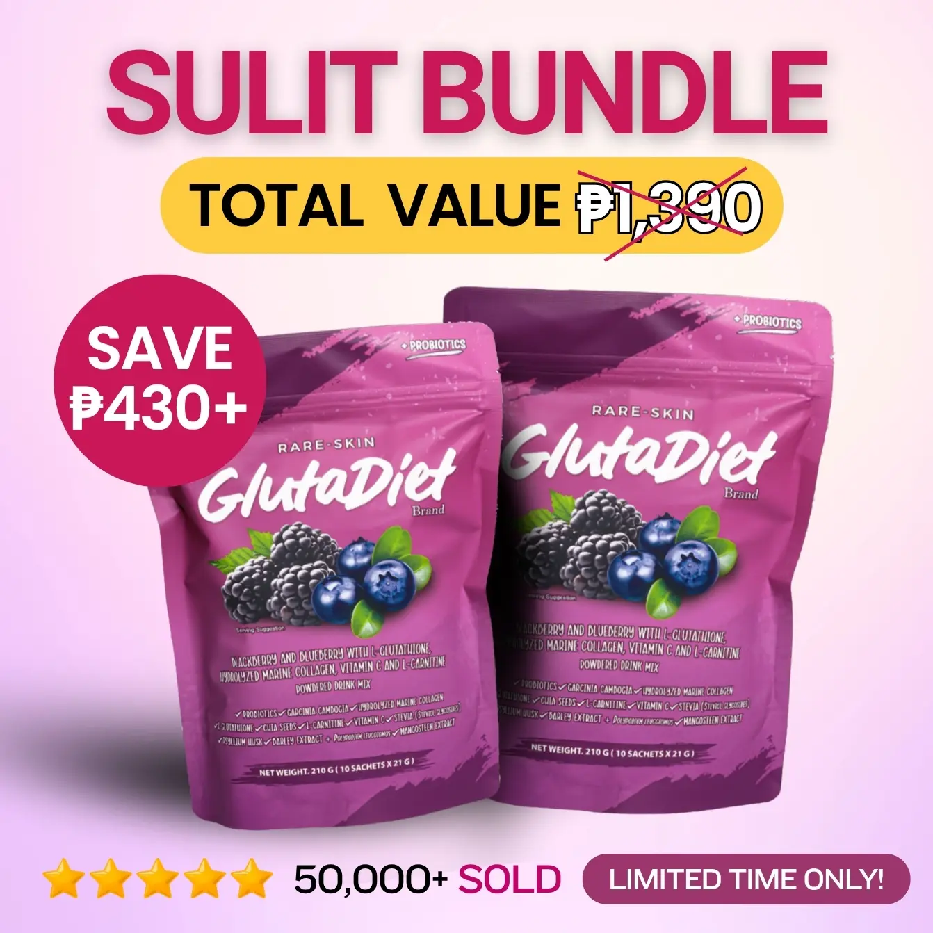 30% OFF [SULIT BUNDLE 2] GlutaDiet Detox Glow Drink – Blackberry & Blueberry | With Glutathione, Collagen, Probiotics, Stevia & Chia Seeds | 10 Sachets x 21g