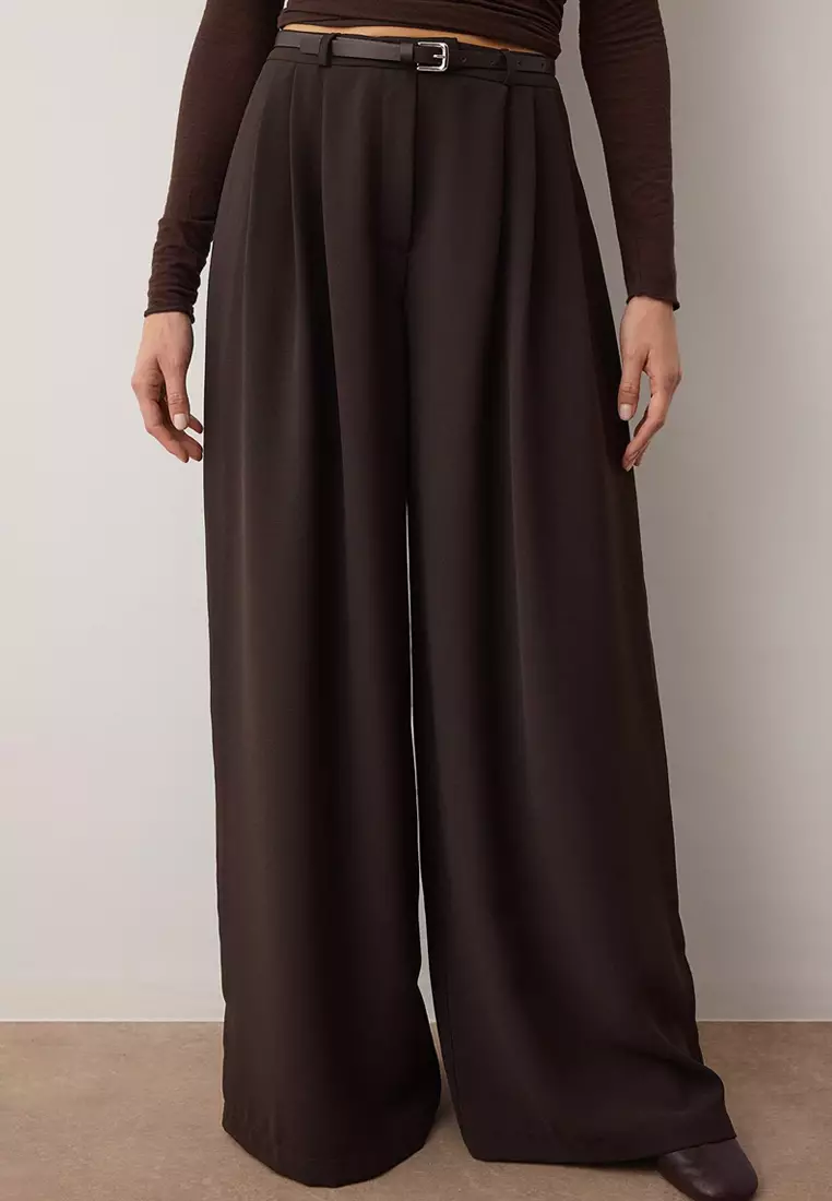 40% OFF Trendyol Brown Belted Pleated Wide Leg/Extra Wide Leg Woven Trousers Twoaw25Pl32
