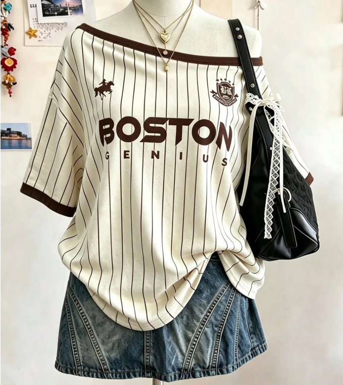 4% OFF Lalippa Striped Digital Boston Letter Multi-Color Effect Print Fashion Minimalist Women's Round Neck T-Shirt Friend's Gift