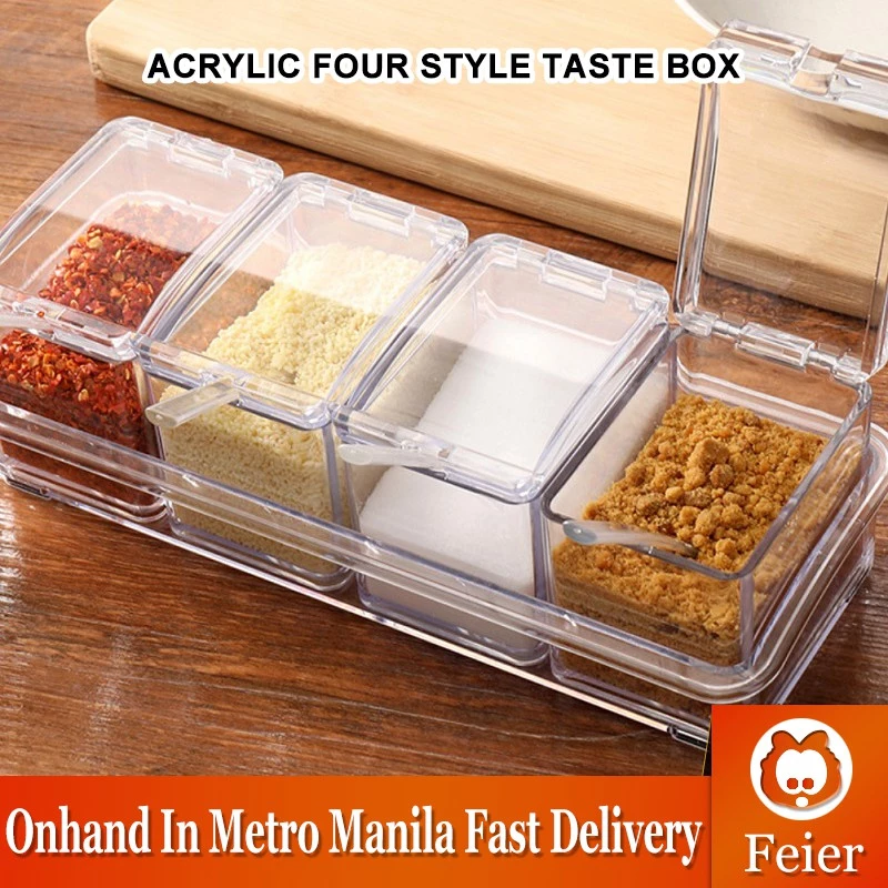 50% OFF 【4Pcs Spoons Included】4 IN 1 Kitchen Acrylic Seasoning Box Seasoning Pot Set Salt Spice Container
