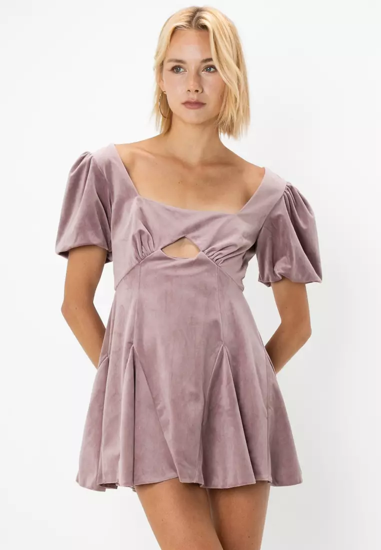85% OFF Petite Puff Sleeves Velvet Mini Dress With Godet Detail