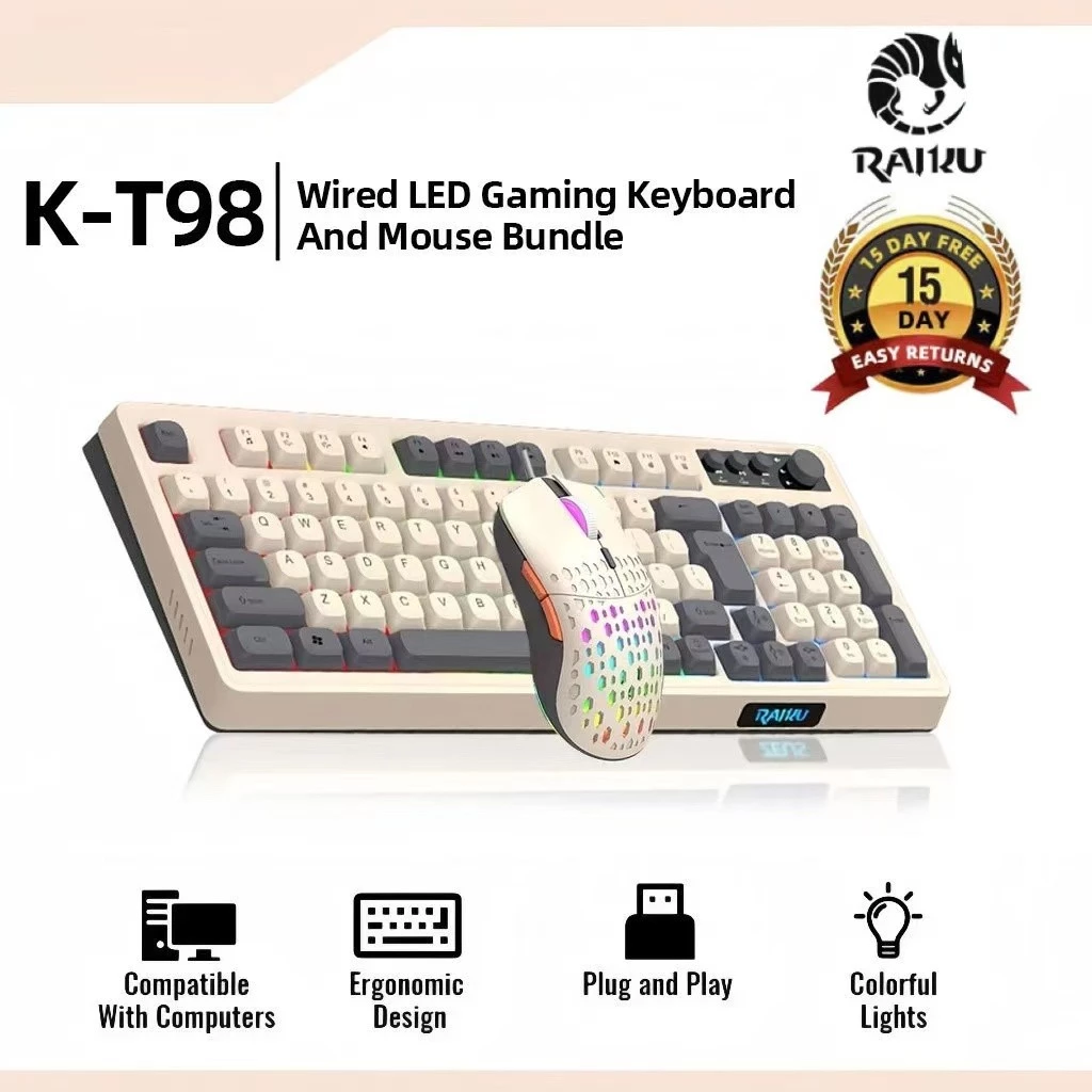 54% OFF Raiku 98-Key Silent Gaming Bundle: Wired Keyboard with Rainbow LED, Volume Knob & Matching Mouse