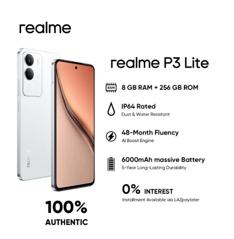 60% OFF Realme P3 Lite Smartphone【3 Months 0% LazPayLater 】8GB+256GB 6.67" 120Hz eye-care OLED Display,50MP AI Camera,6000mAh Battery 45W Fast Charging,IP64 Water Resistance 1-year warranty Global version