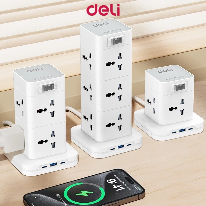 31% OFF Deli 12 Gangs Fast Charging Universal Vertical Electric Socket Extension Cords Tower Power Strip