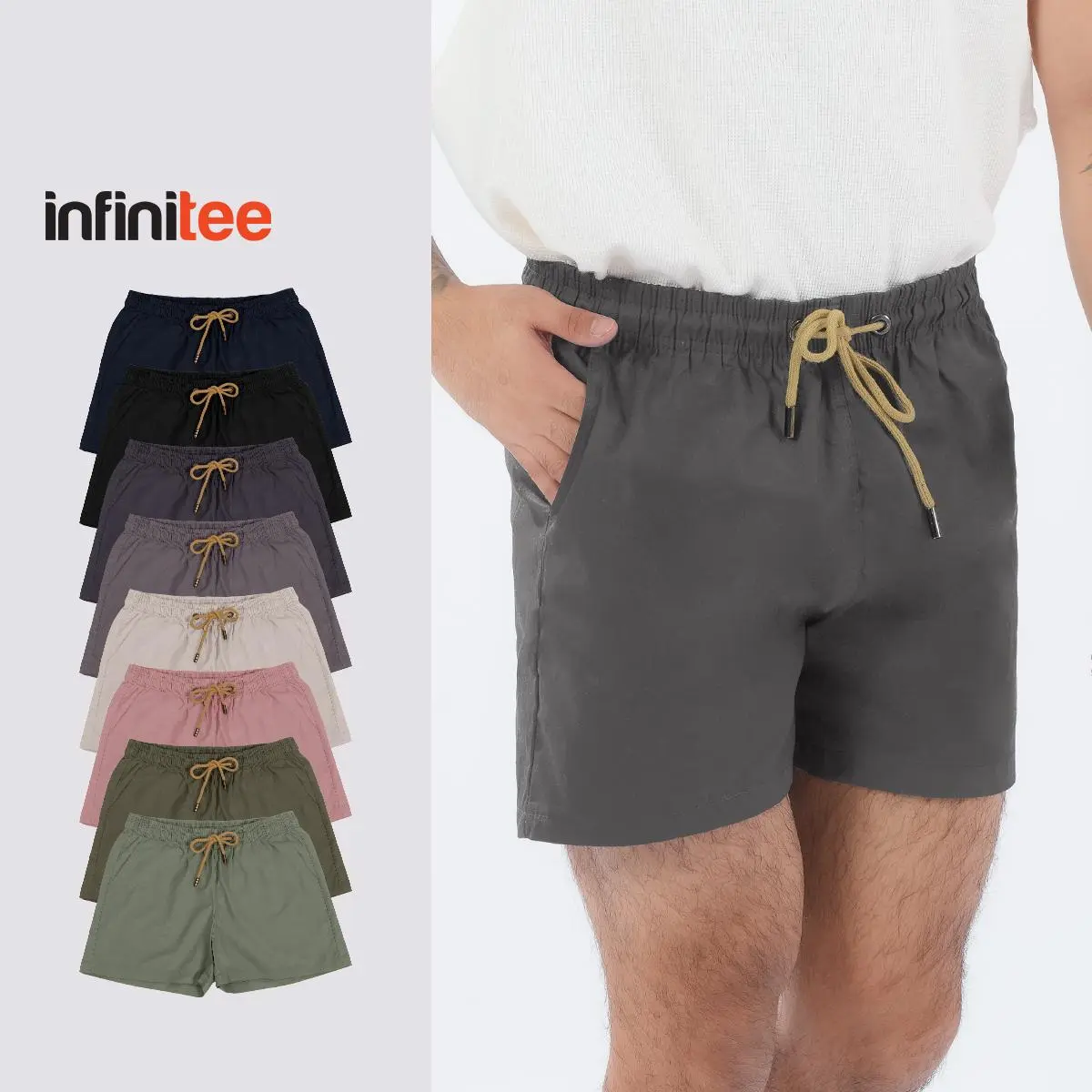 34% OFF Infinitee Twill Shorts For Men Women with Side Pockets Basic Casual Plain Drawstring Walking Short Menswear