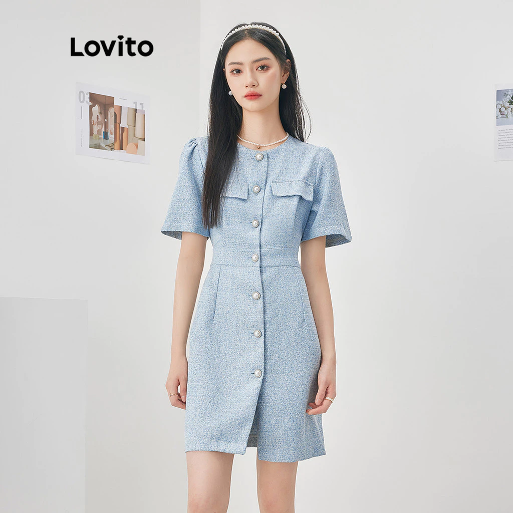 30% OFF Lovito Plain Button Front Tweed Elegant Dress L52AD091