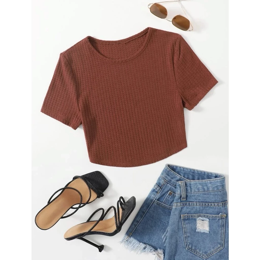 73% OFF Angelcity Basic Crop Top Solid Waffle Knit Tela Tops