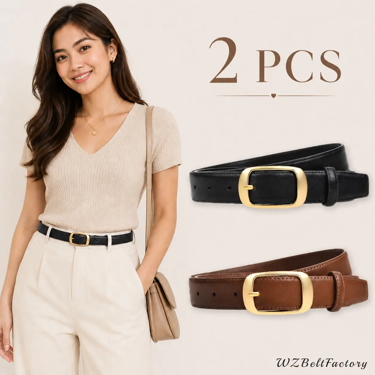 56% OFF 2 PCS of Vintage Casual Style PU Belts with Gold-Color Alloy Snaps, Suitable for Wearing with Jeans, Dresses - Great for Daily, Beach, Party and Wedding Accessories