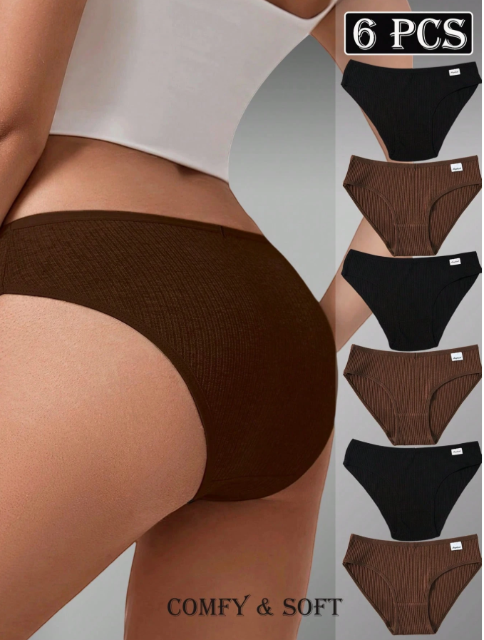 5% OFF 6pcs Women's Basic Cotton Briefs Set, Simple Style Soft Comfort Sporty Sexy Low-Rise Panties