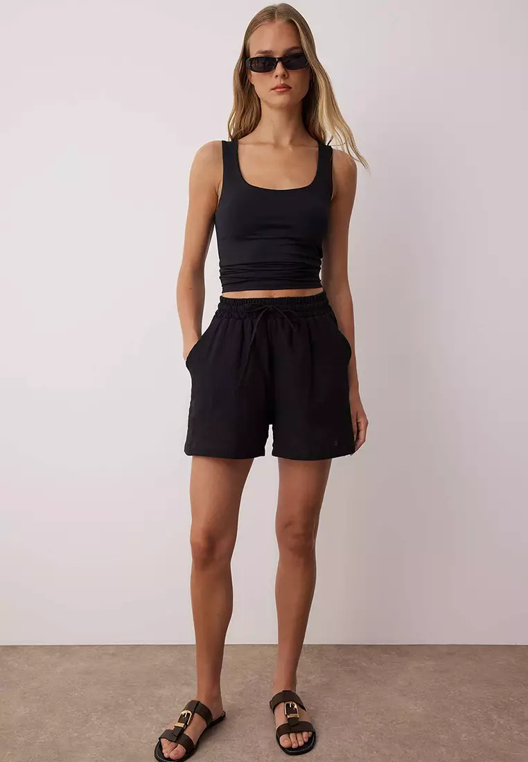 26% OFF Black Muslin Elastic Waist High Waist City Boy Shorts