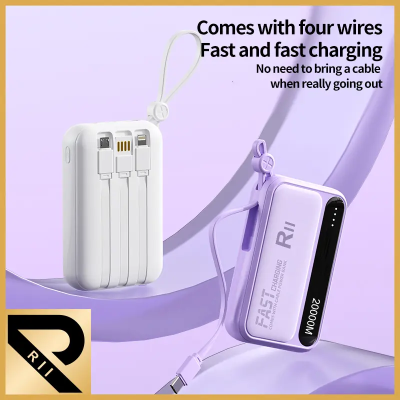 37% OFF RII New R08 20000mah Portable Powerbank with 4 Cables Fast Charging with Built-in CABLE for USB,suitable for iPhone,Type and Micro Cable Accessories Smartphone Chargeable for school and rainy days Device Charger