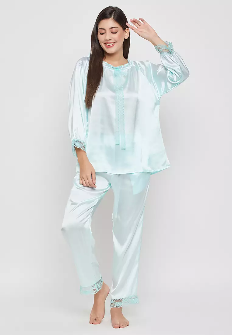 80% OFF Clovia Chic Basic Top & Pyjama Set in Baby Blue - Satin