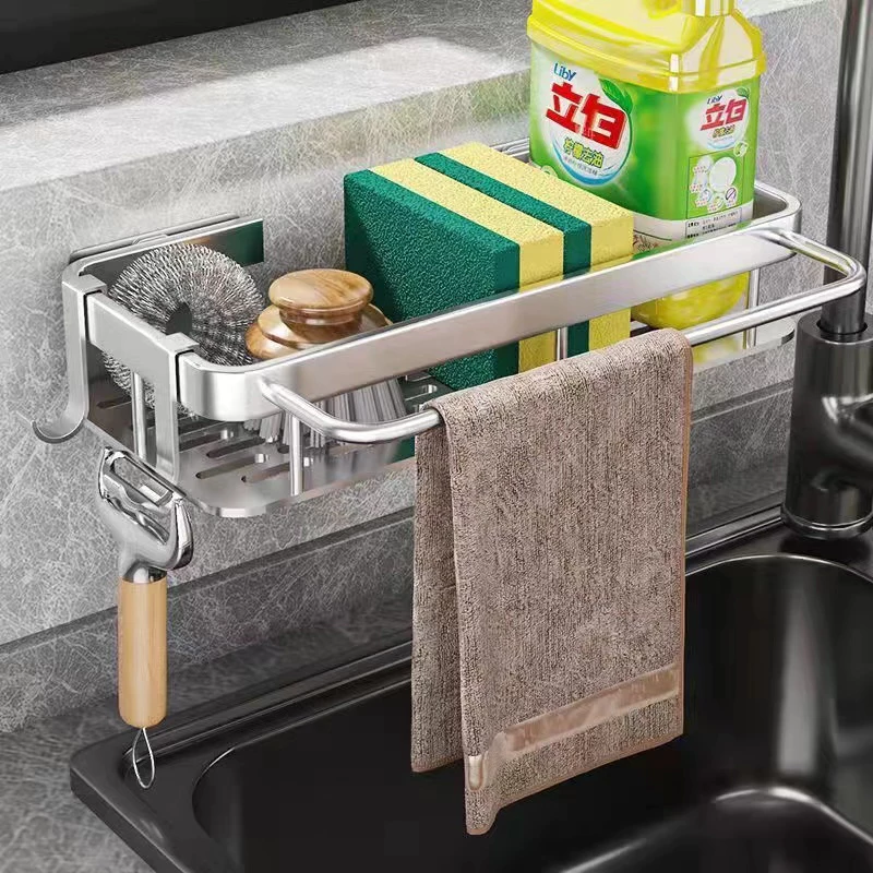 42% OFF Kitchen Rack Sink Storage Shelf Punch-Free Soap Holder Organizer with 2 Hooks