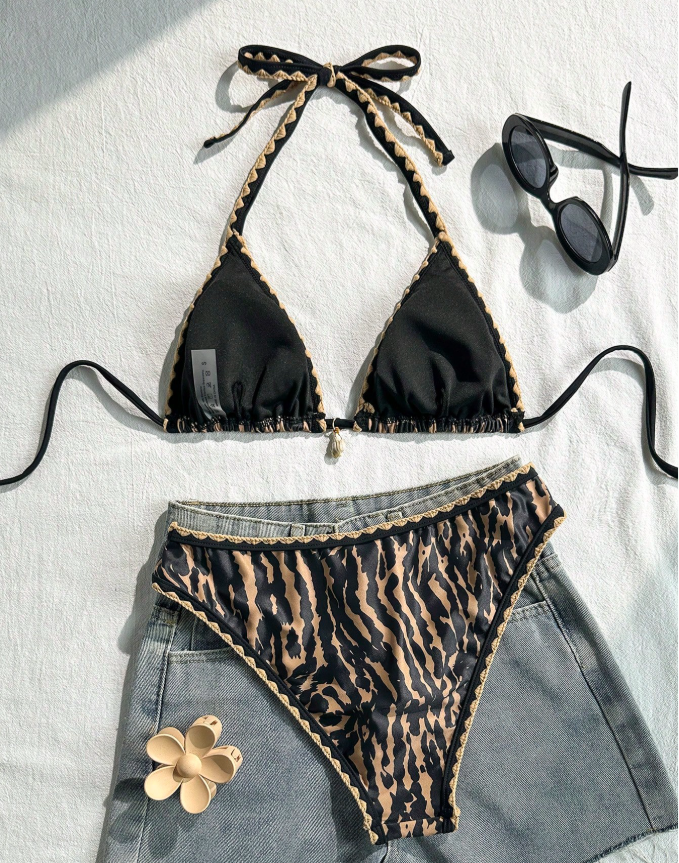13% OFF Swim Vcay Women's 2-Piece Bikini Swimsuit Set, Halter Neck Tie, Floral Ruffle Trim, Tiger Print, Fashion Casual Vacation Swimwear