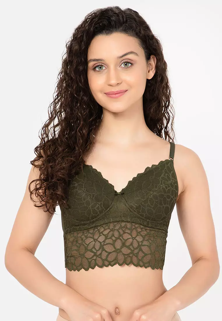 80% OFF Clovia Padded Non-Wired Multiway Longline Bralette in Olive Green - Lace