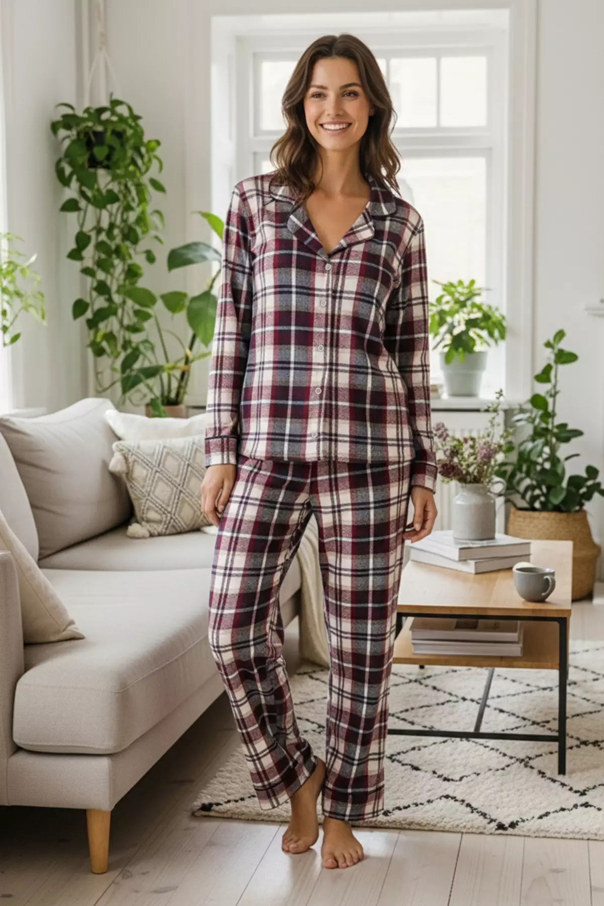 43% OFF Multi-Colored Cotton Plaid Winter Thick Flannel Woven Pajamas Set Thmaw26Pt175
