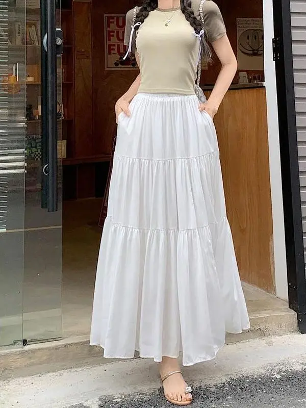 28% OFF Autumn and Winter Style White Women's Long Pleated Skirt with Pockets A-Line Elastic Waist Korean Style Splicing Internet Celebrity Fashion Casual Long Skirt #5542
