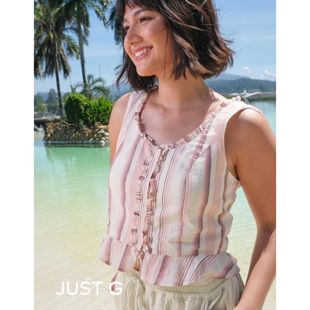 60% OFF Just G Striped Sleeveless Peplum Blouse With Ruffle Detail