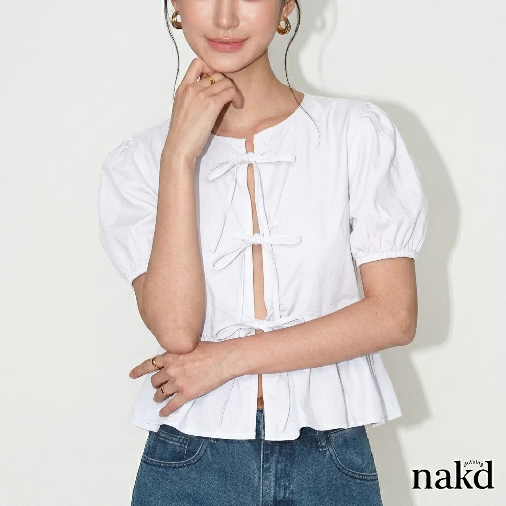48% OFF NAKD FASHION MAVIS I'm LINEN COQUETTE PUFF SLEEVES RIBBON TIE CASUAL DAILY WOMEN TOP 1871