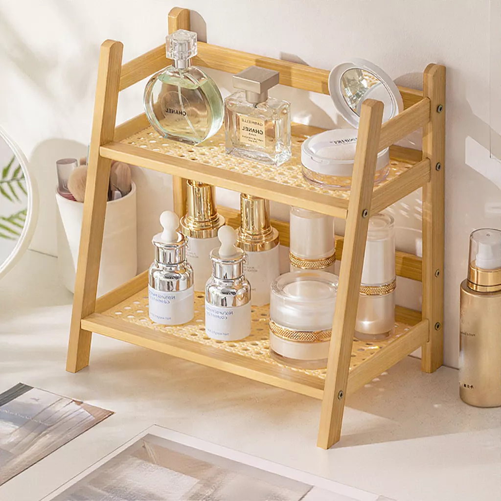 39% OFF 2-Layer Rattan Desktop Storage Rack – Bedroom Shelf & Desk Organizer