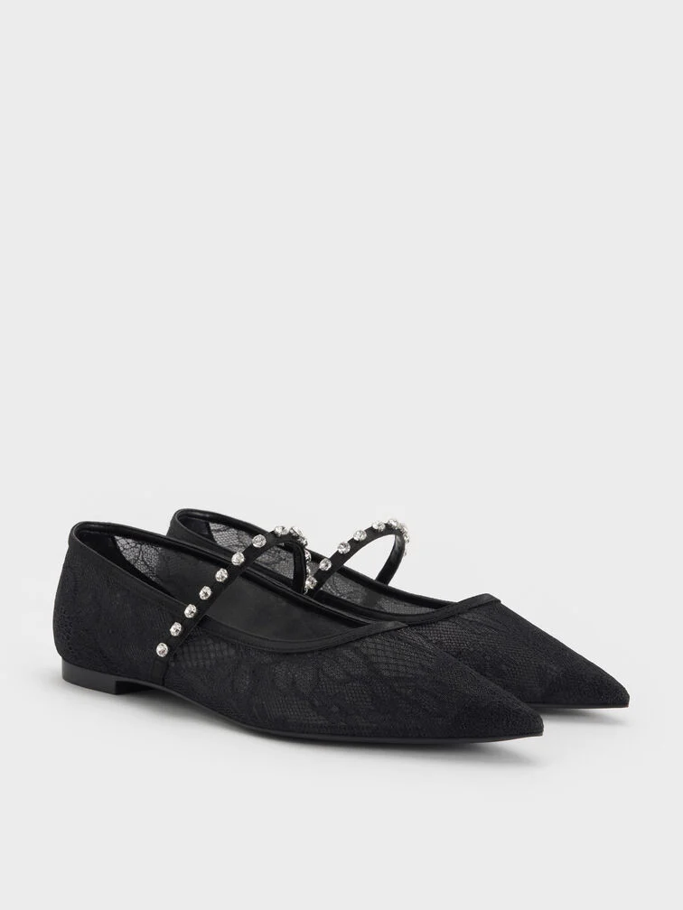 20% OFF Lace & Satin Crystal Mary Jane Flats - Black Textured