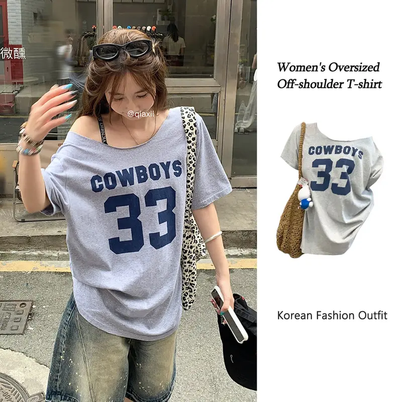 41% OFF SmartCheckout Asymmetrical Shoulder Shirt Retro Off-shoulder T-shirt for Women Korean Oversized Grey One-shoulder Printed T-shirt with Slanted Neck Streetwear Tops #2695