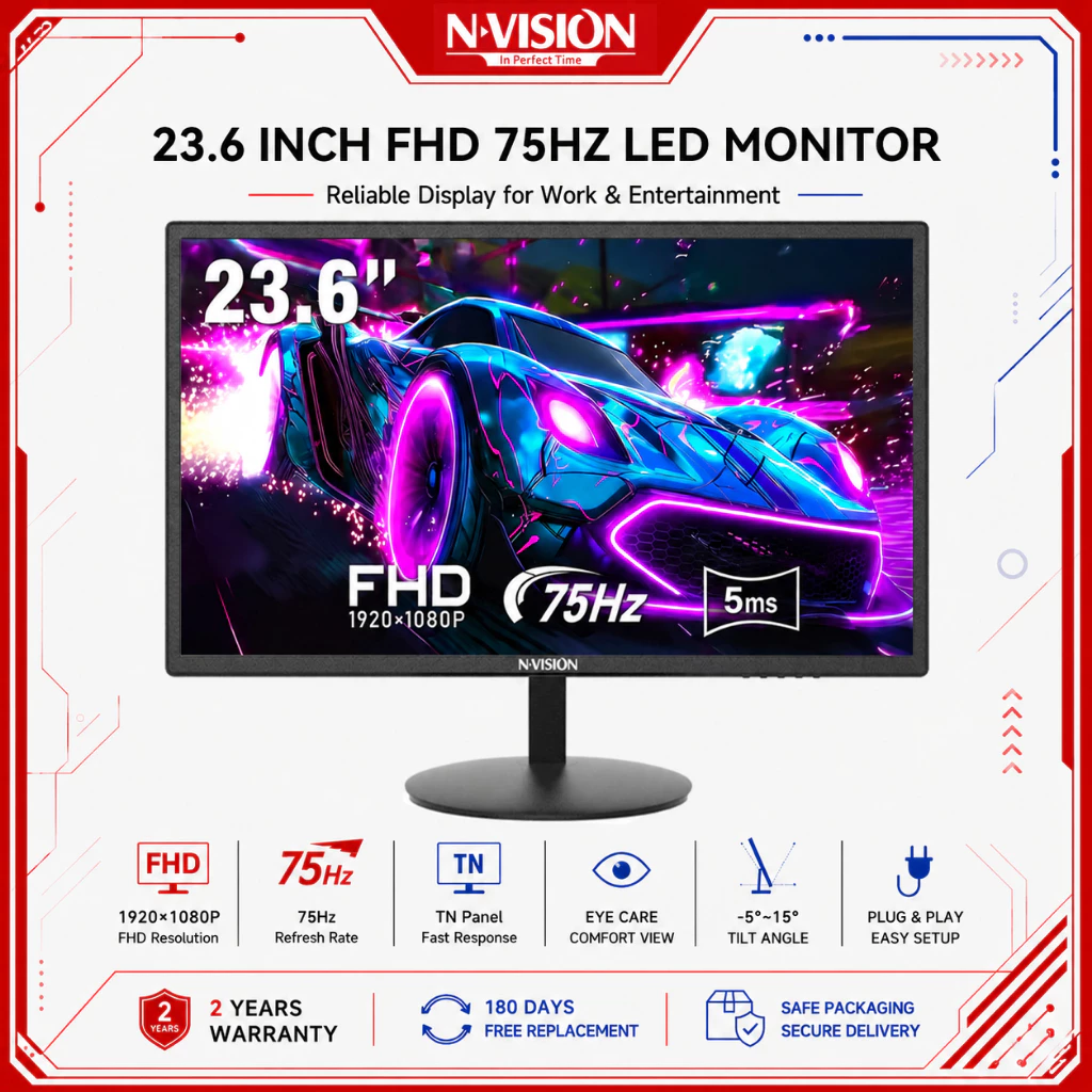 60% OFF NVISION 21.5/23.6" FHD Monitor 1920×1080P 75HZ Refresh Rate 5ms Flat Monitor For PC Laptop H24V8