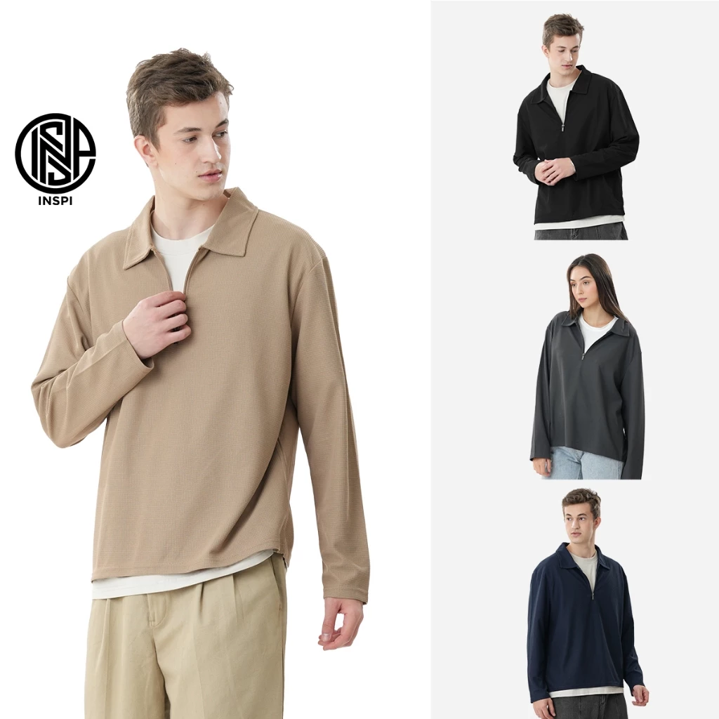 48% OFF INSPI Waffle Zip Polo Long Sleeve For Men & Women Plain Sweatshirt Tops Pullover Sweater Collection