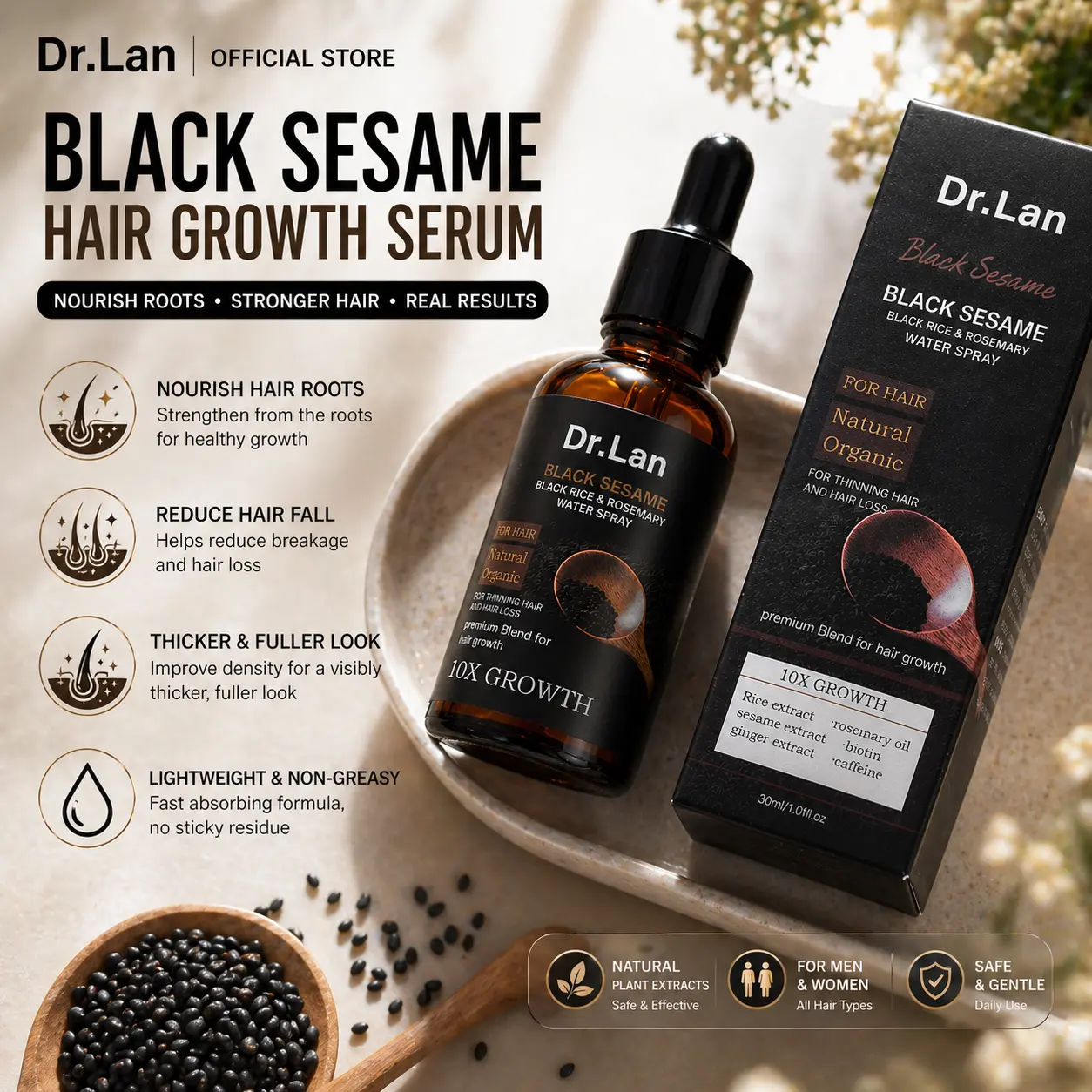 83% OFF【FDA Approval&FREE SHIPPING】Dr. Lan Black Sesame and Ginseng Hair Growth Liquid. It provides all-round care for the hair strands, helps bid farewell to thin hair volume,