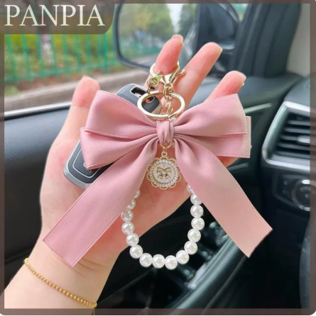 50% OFF PANPIA Key Bag Pendant Accessories Faux Pearl Bow Keychain Cute Beaded Bracelet Key Chain For Purse Bag Backpack Car Charm Ribbon