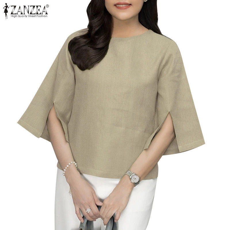 40% OFF ZANZEA Celmia Womens Plain 3/4 Sleeve Round Neck Casual Blouses