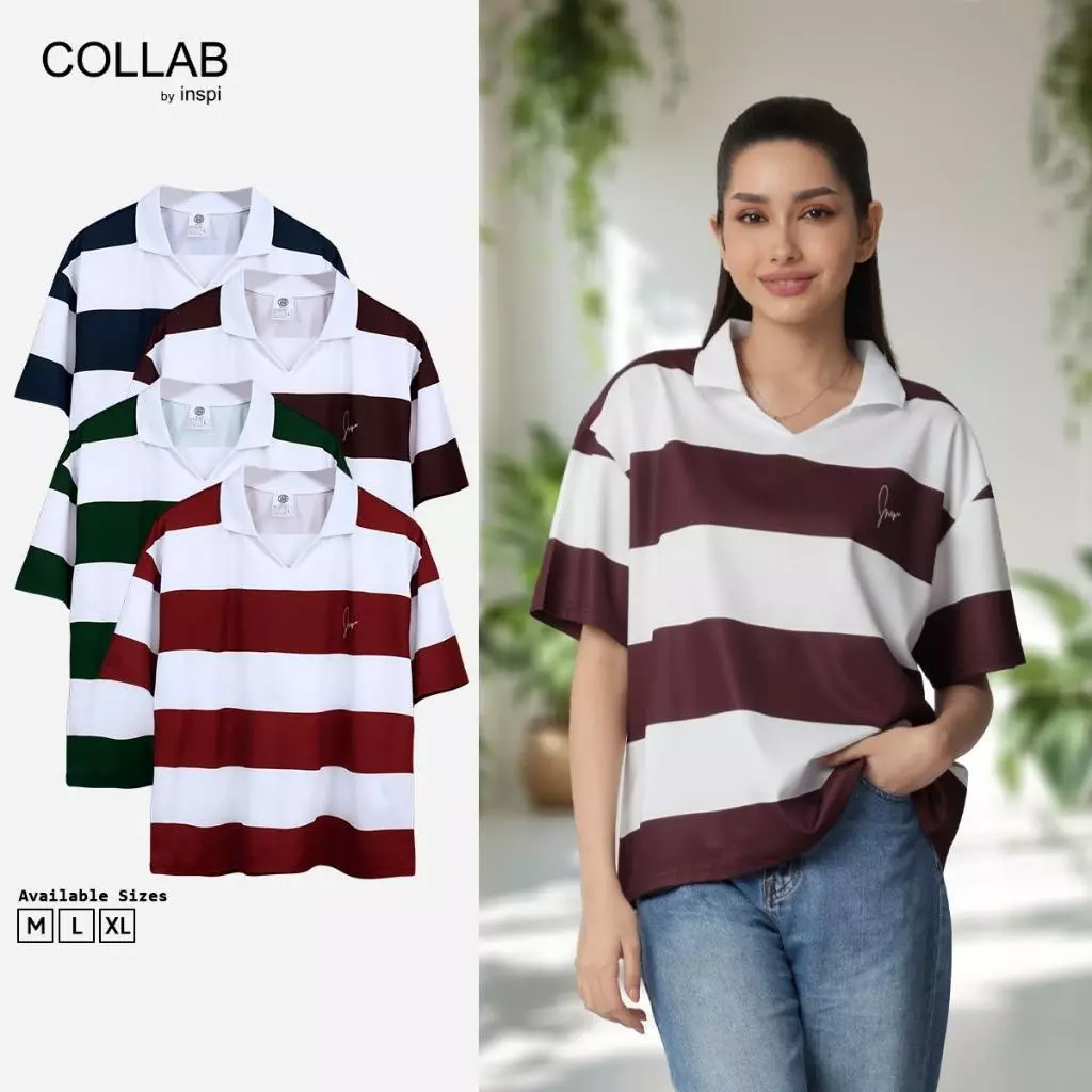 48% OFF COLLAB by Inspi Boxy Rugby Polo Shirt for Woman & Men with Open-Collar Striped Polo Collection
