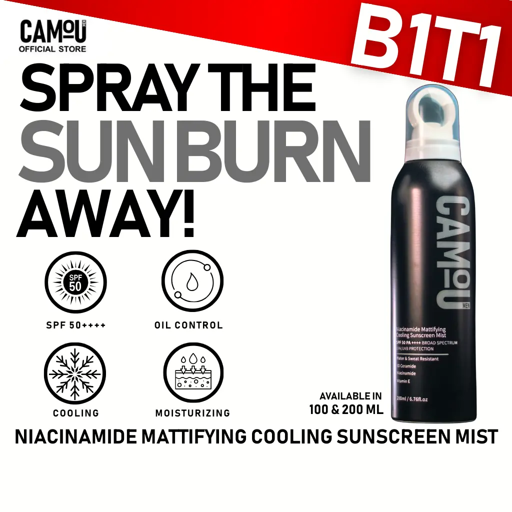 62% OFF (B1T1) Camou Niacinamide Mattifying Cooling Sunscreen Mist SPF50 PA++++ Niacinamide Cooling Ceramides Vitamin E Skin Repair Comfort