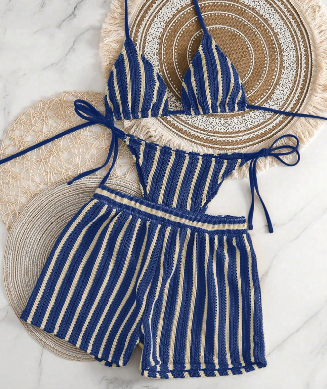 10% OFF SHEIN Swim Vcay 3pcs/Set Boho Style Crochet Fabric Drawstring Swimsuit Cover Up Bikini Set For Summer Beach Vacation