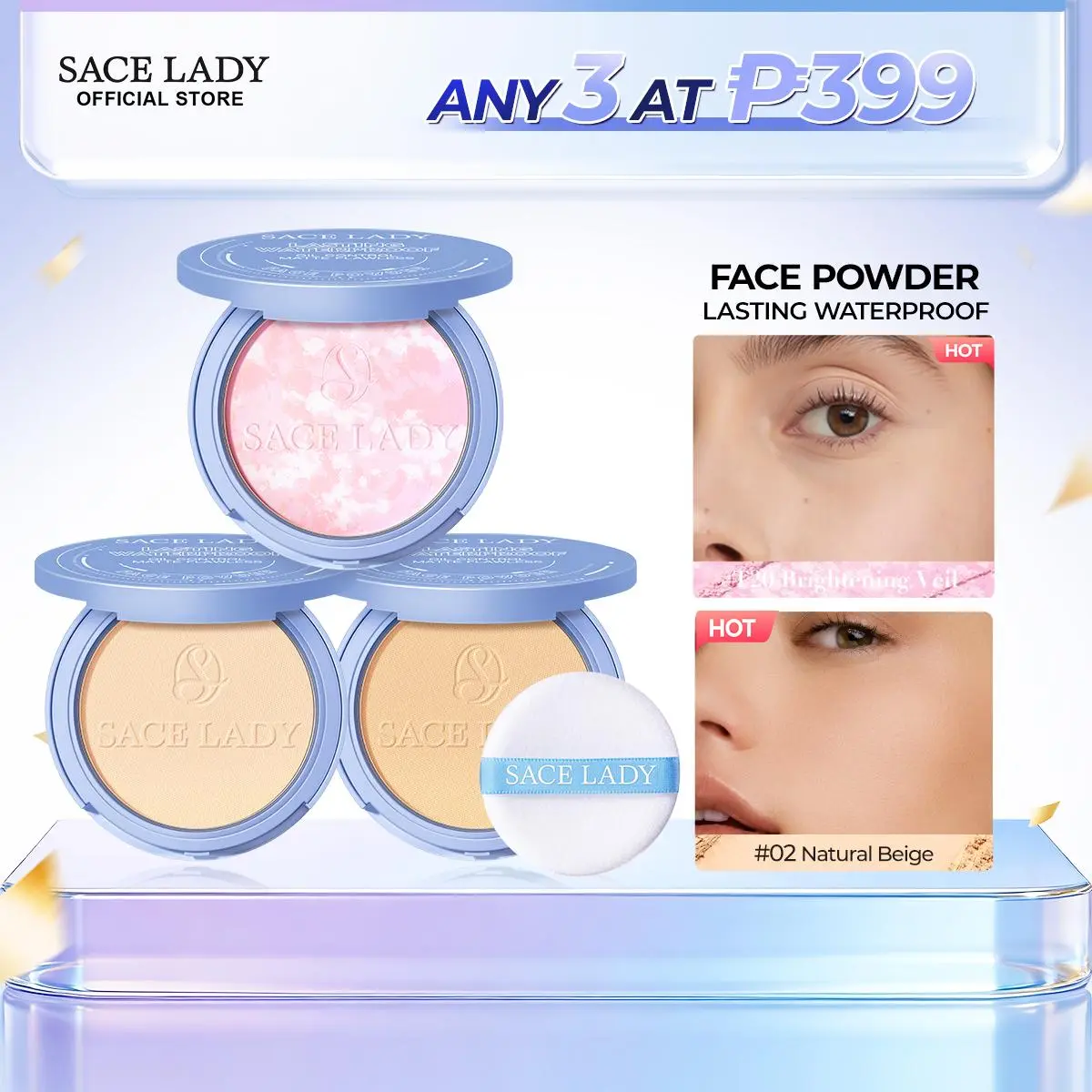70% OFF  [ANY 3 AT P399] SACE LADY Oil Control Matte Face Powder Long Lasting Flawless Setting Powder Face Makeup With Mirror 3P