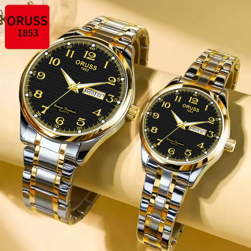 71% OFF [Gift][With Box]ORUSS Original 2 Pcs Couple Dual Calendar Stainless Steel Luxury Luminous Waterproof Fashion Watch Analog Korean Automatic Quartz Wrist Watch For Couples