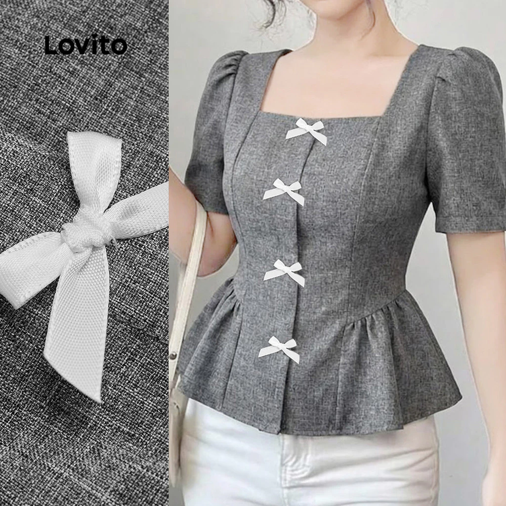 59% OFF Lovito Women Elegant Blouse Korean Ruffle Hem Bow Colorblock Spring/summer Grey Blouse L177ED093